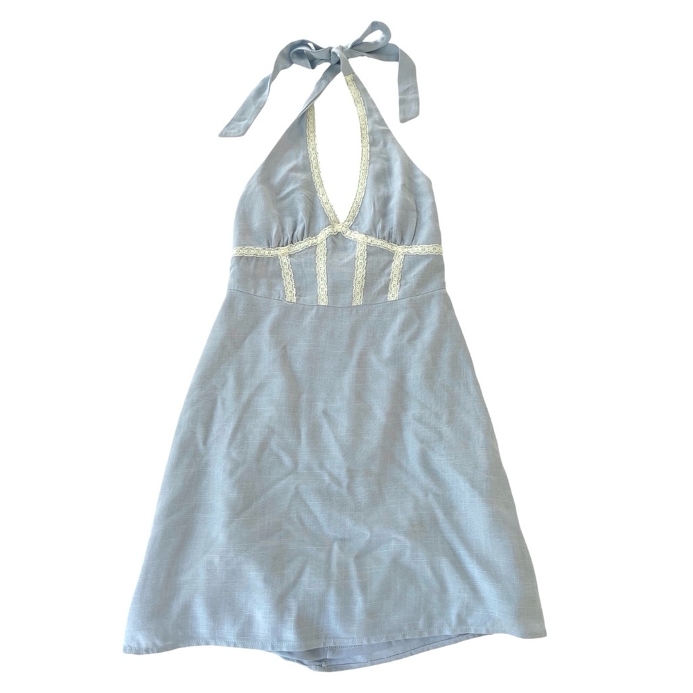 New Forever 21 Blue and Cream Mini Viscose Halter Dress in Medium - Picture 2 of 3